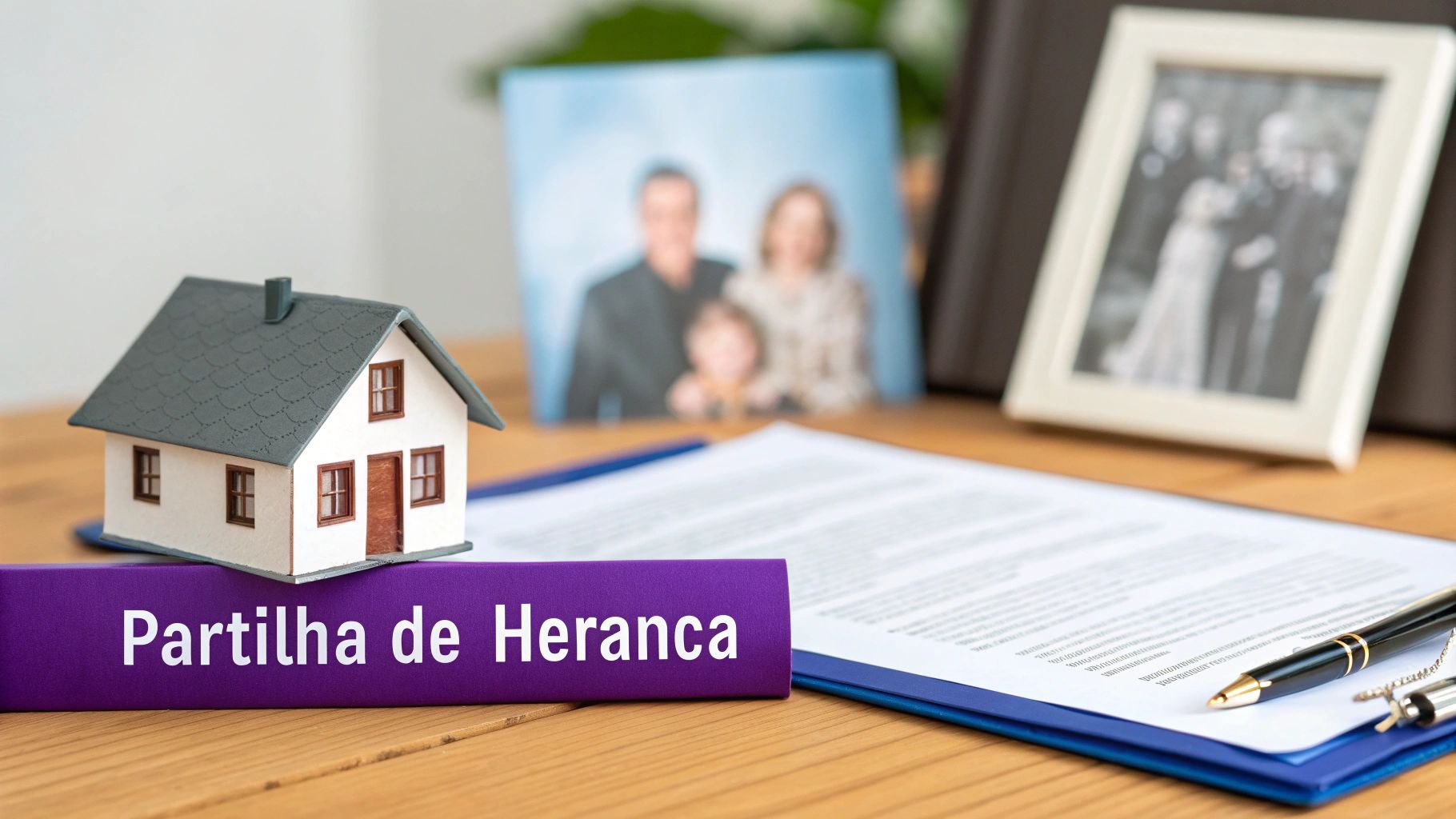 Como funciona a partilha de bens: Guia Completo para Divórcio e Herança 3 Casa em miniatura, pasta roxa com 'Partilha de Herança', documentos legais, caneta e fotos de família em mesa de madeira.