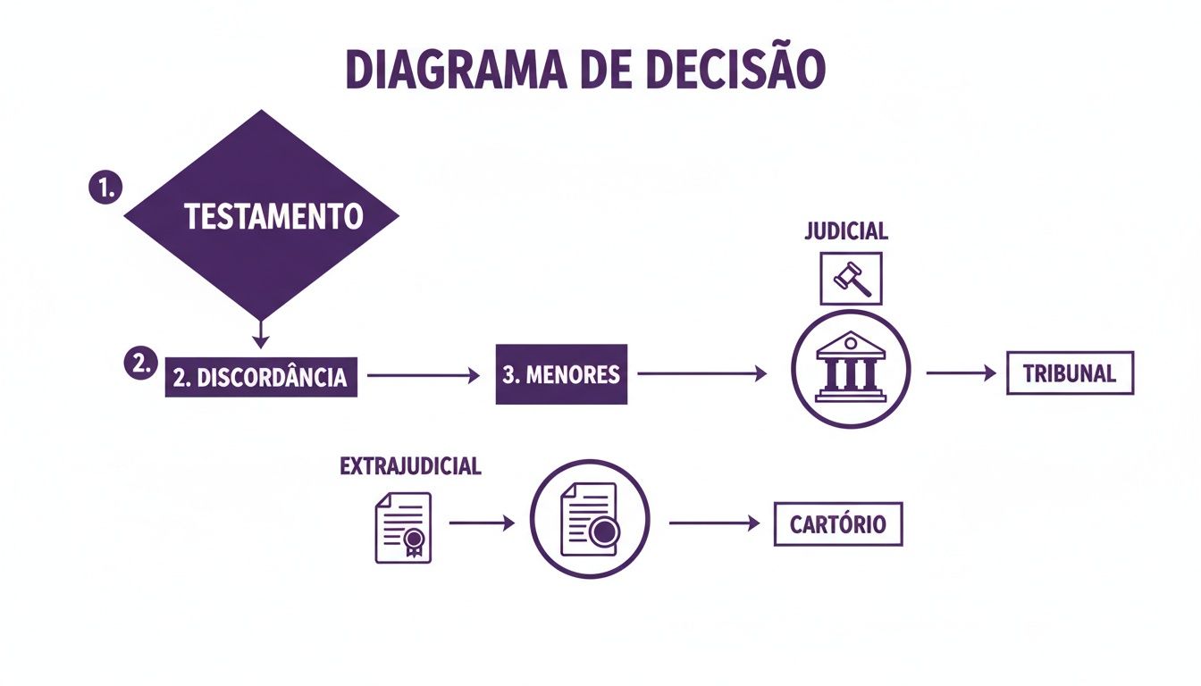 Diagrama de decisão sobre testamento, indicando processos judiciais para discordância ou menores e extrajudiciais.