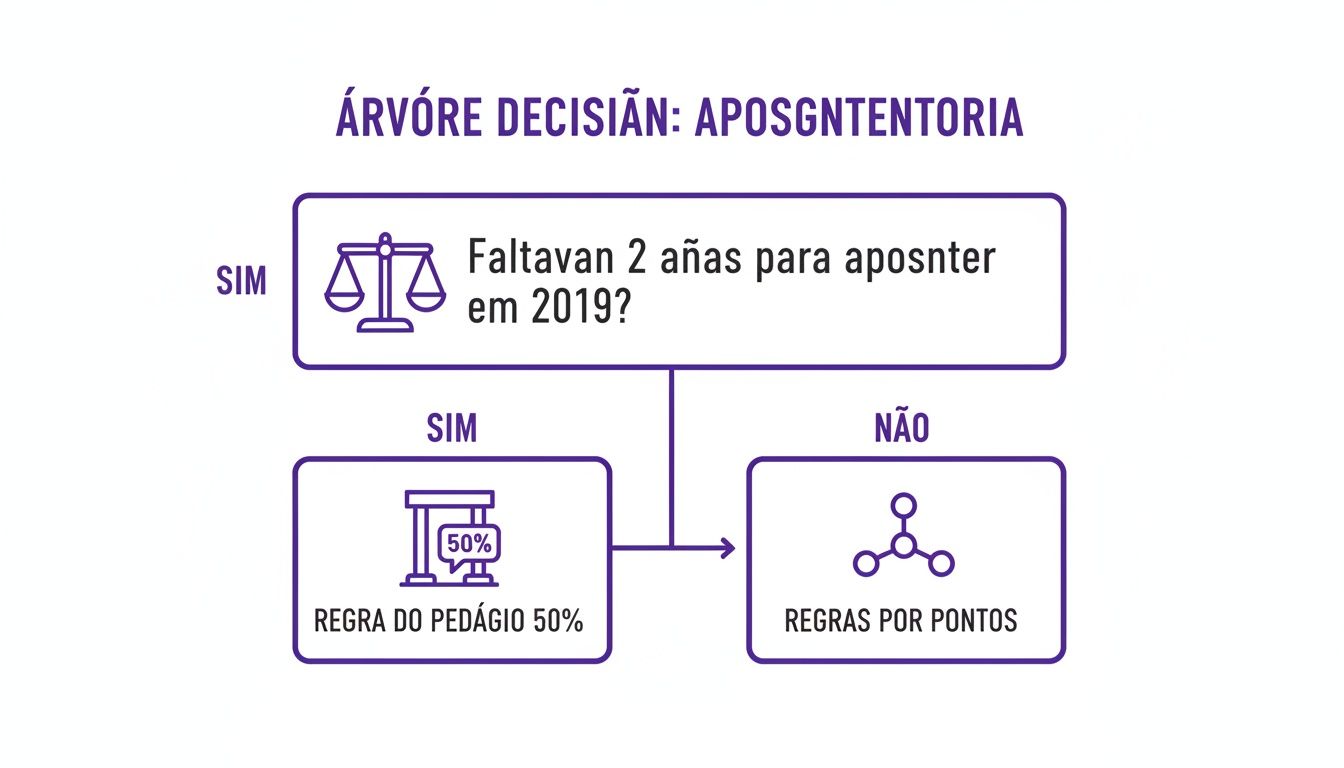 Como Funciona a Aposentadoria por Tempo de Contribuição: Guia 2024 2 Árvore de decisão para aposentadoria, com pergunta sobre 2 anos restantes em 2019, e regras de pedágio 50% ou por pontos.