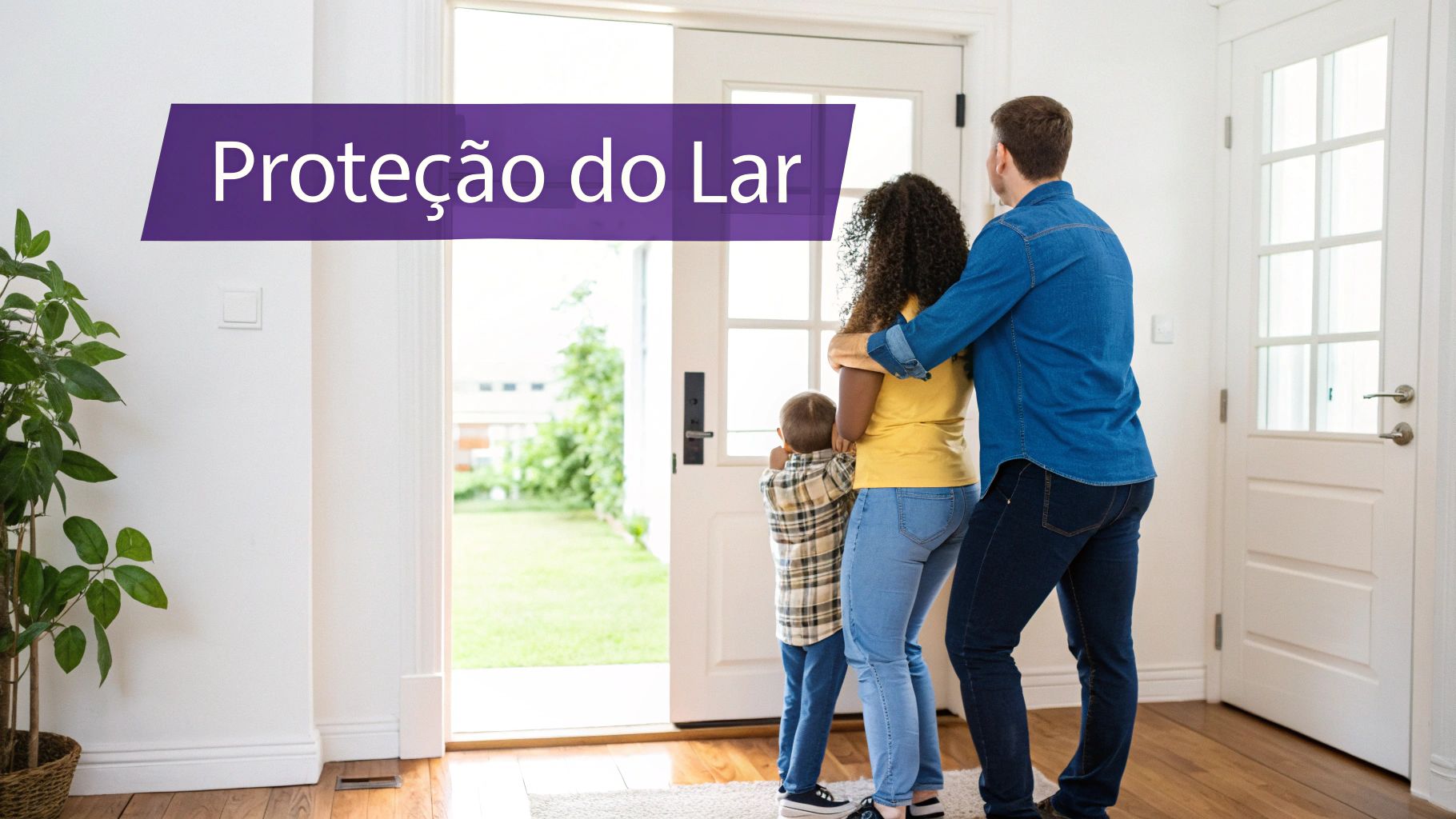 Família com criança olhando para fora de casa por uma porta aberta, com o texto "Proteção do Lar".