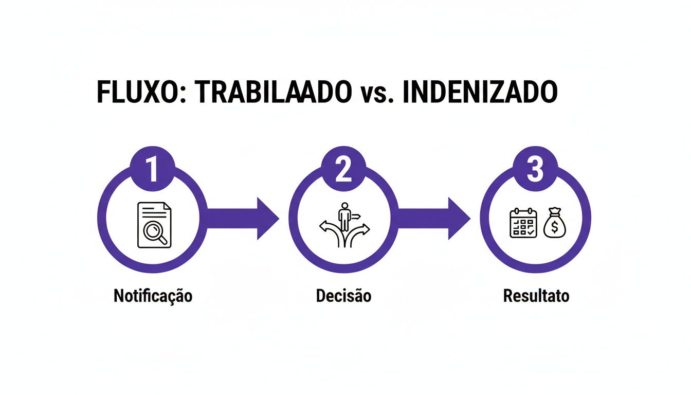 Aviso Previo Direitos: Guia Completo Para Entender o Seu em 2024 2 Fluxograma detalhando o processo de Notificação, Decisão e Resultado em casos trabalhados versus indenizados.