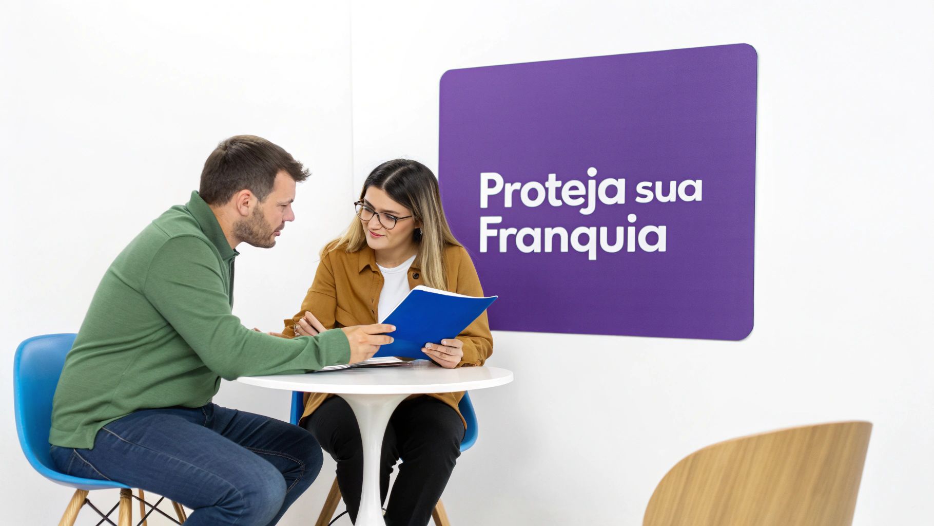 Duas pessoas conversando e revisando documentos em uma mesa, com um letreiro roxo 'Proteja sua Franquia' ao fundo.