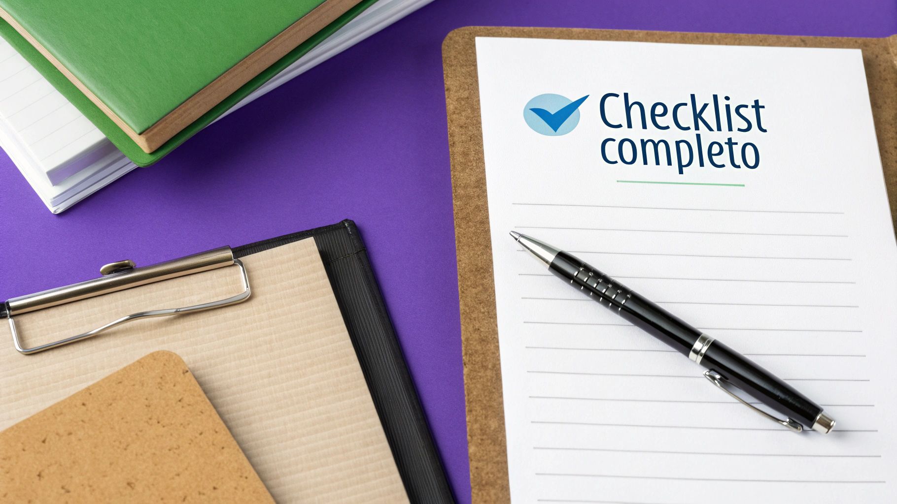 Documentos e uma caneta sobre uma mes, simbolizando o checklist para a rescisão contratual.