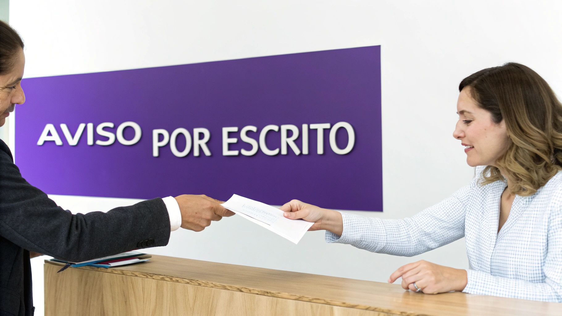 Aviso Previo Direitos: Guia Completo Para Entender o Seu em 2024 3 Um homem entrega um aviso por escrito a uma mulher sorridente em um balcão, com o texto "AVISO POR ESCRITO" na parede.