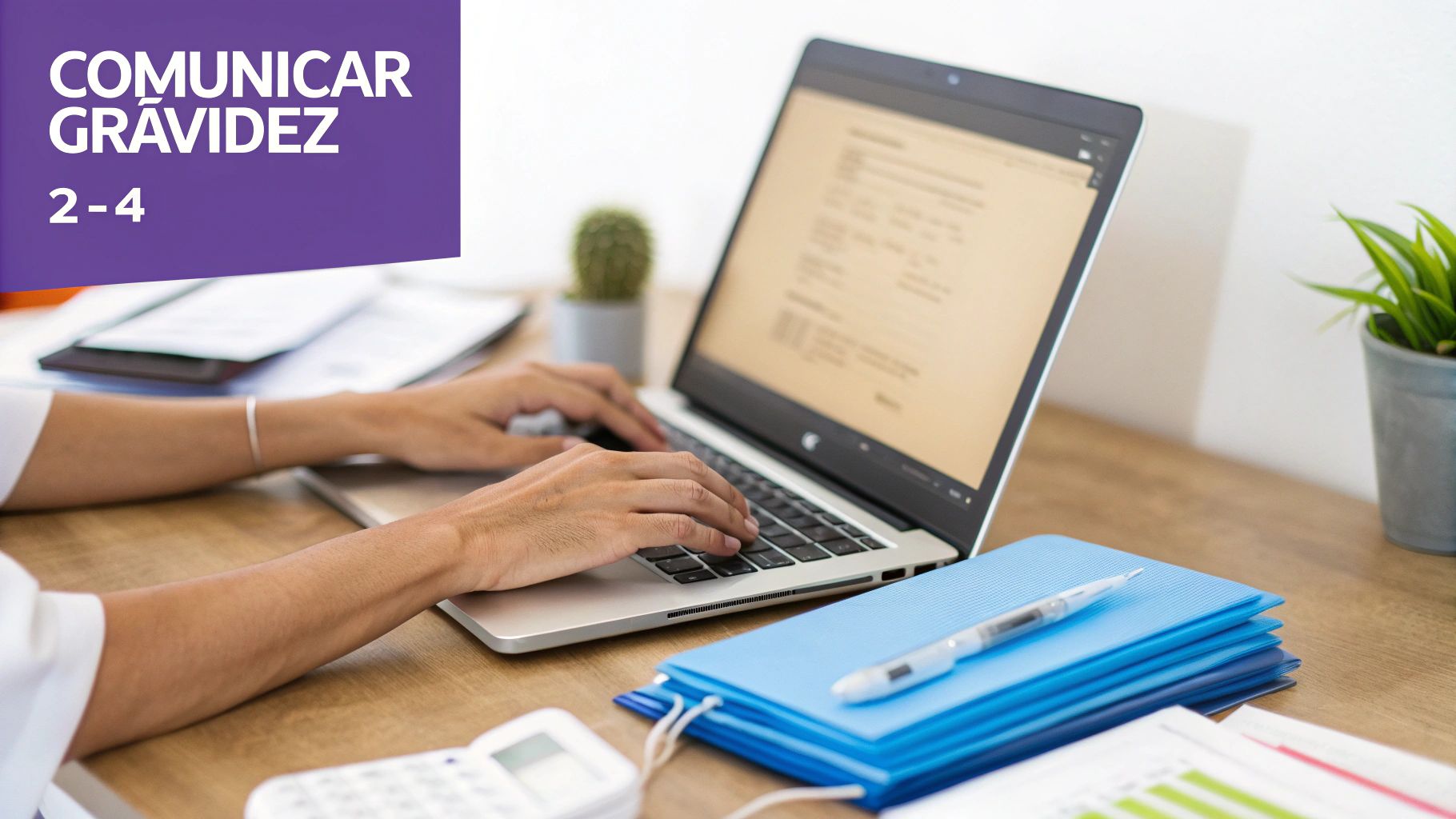 Pessoa digitando em laptop com texto 'Comunicar Gravidez' visível, em mesa de trabalho com documentos e plantas.