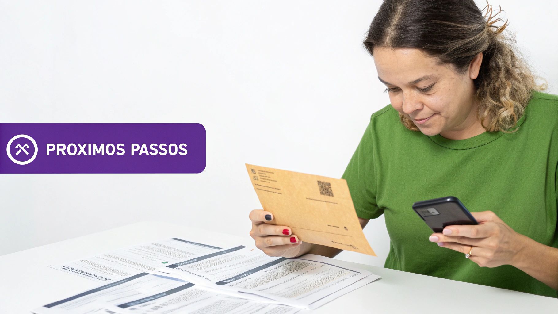 Fui Demitida Grávida, Quanto Devo Receber? Guia Completo 2024 3 Mulher concentrada, lendo documentos e usando smartphone, com o banner roxo 'PRÓXIMOS PASSOS'.