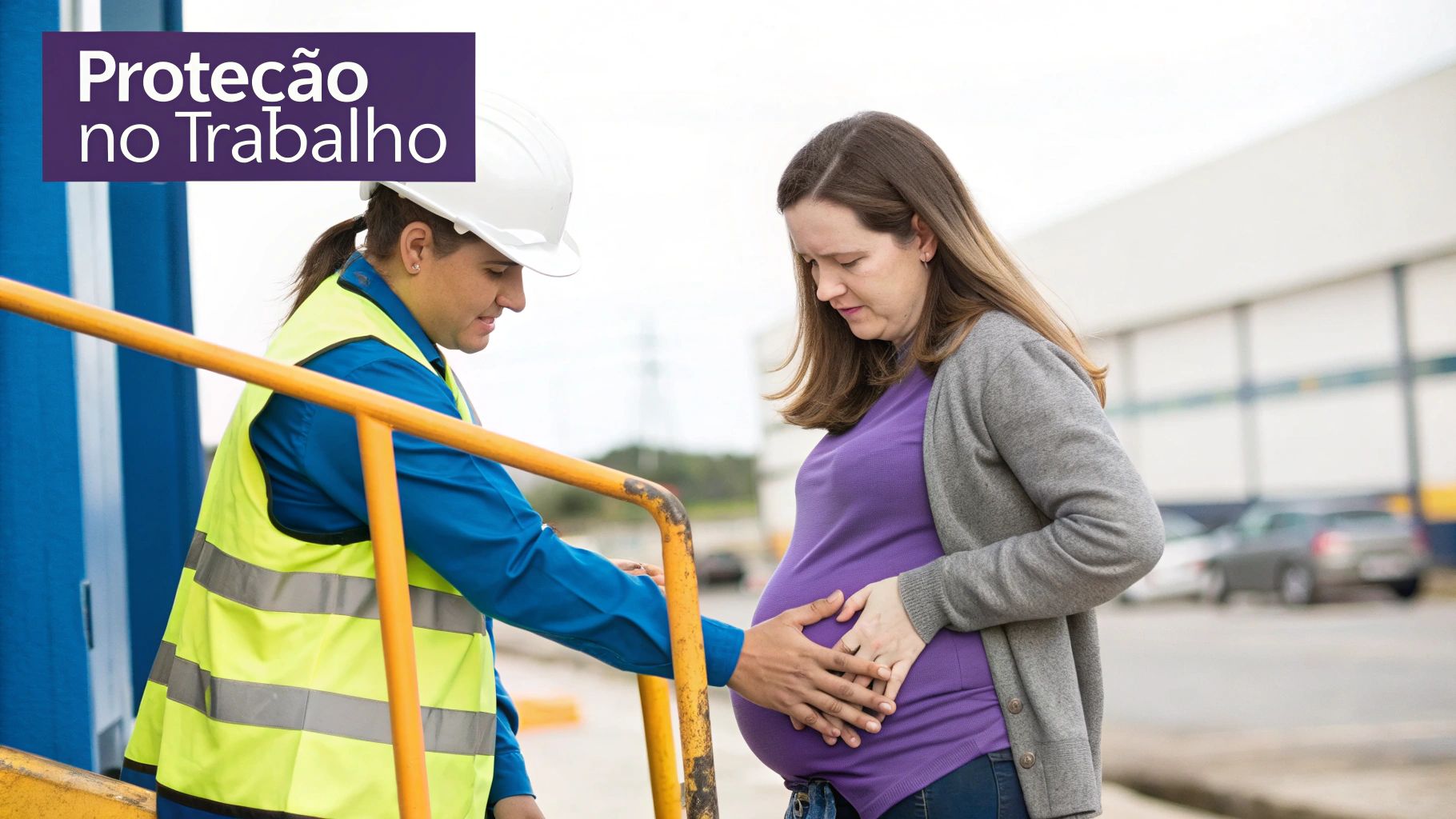 Profissional com capacete e colete amarelo auxilia mulher grávida, simbolizando proteção no trabalho.