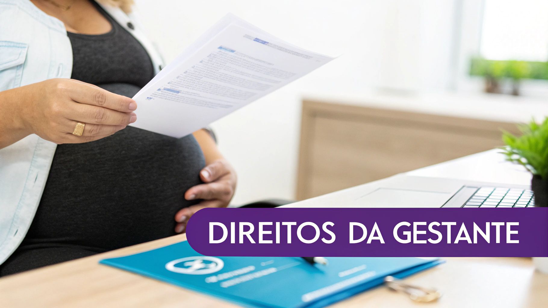Lei para Gestantes no Trabalho: Guia Completo 2024 2 Mulher grávida lendo documentos sobre seus direitos, com destaque para a barriga e as mãos.