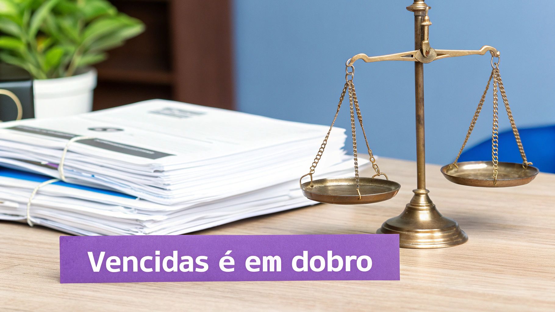 Pilha de documentos e balança da justiça, com uma placa roxa dizendo 'Vencidas é em dobro'.