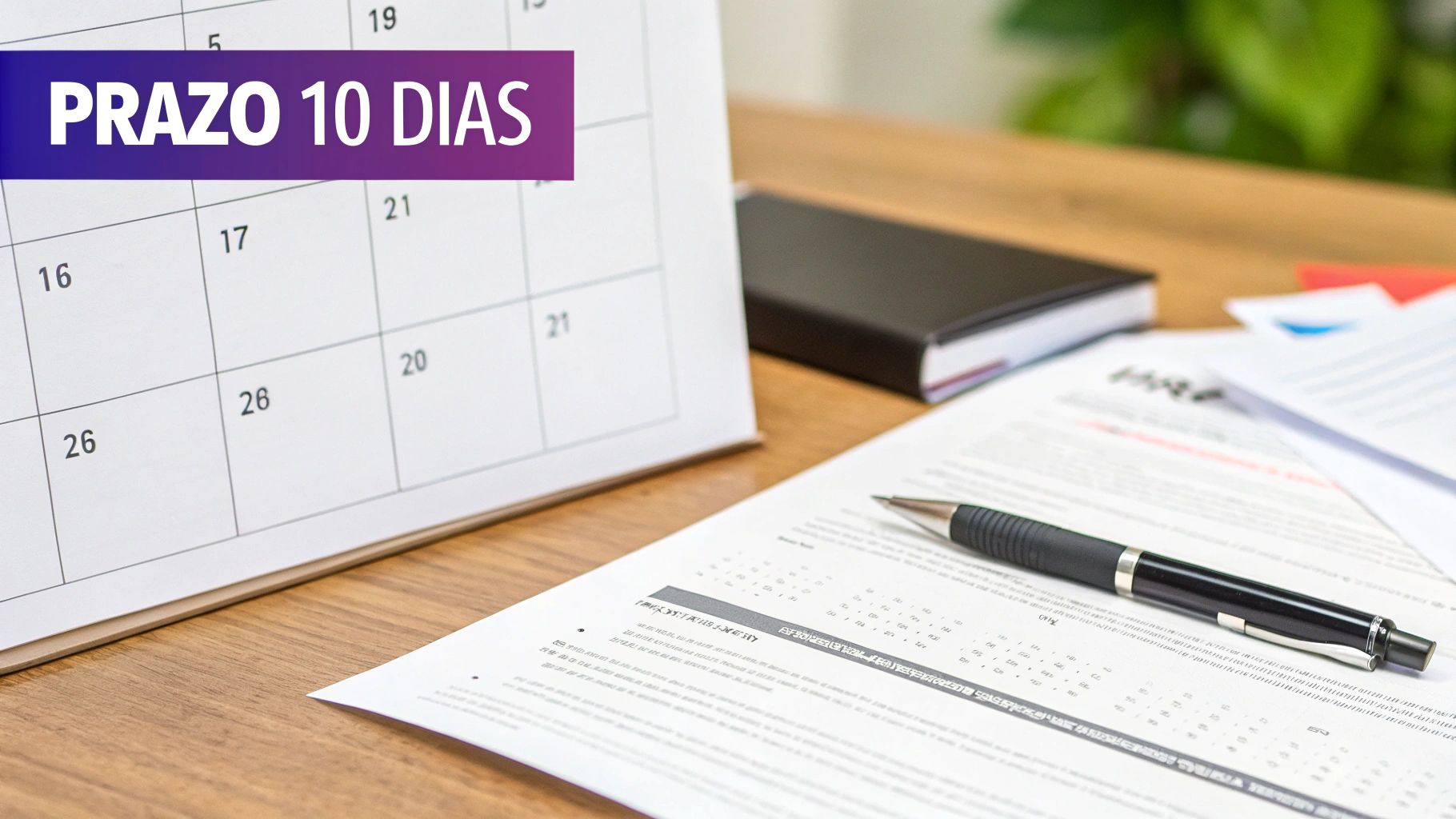 Um calendário em uma mesa com documentos e uma caneta, destacando um prazo de 10 dias em uma faixa roxa.
