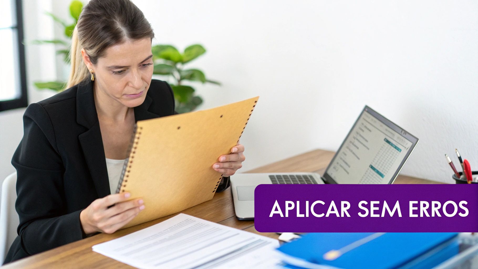 Mão assinando um documento de demissão em uma mesa de escritório.