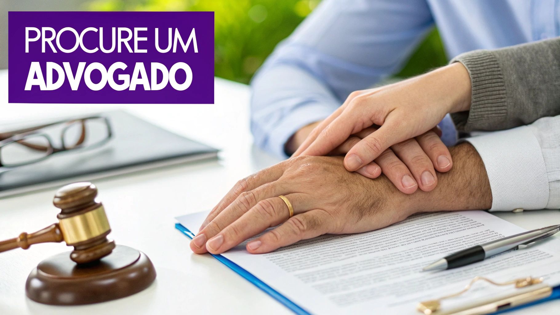 Mãos de um casal sobre documentos legais com um martelo de juiz e óculos, com o texto 'Procure um Advogado'.