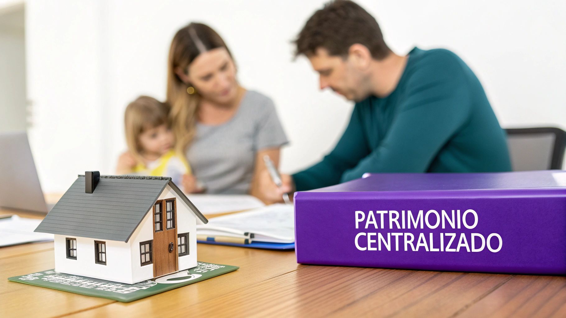 Família, com pais e criança, em mesa com modelo de casa e pasta "Patrimônio Centralizado".