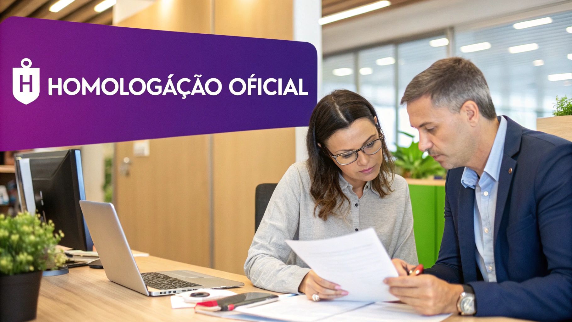 Pessoas em uma reunião de escritório analisando documentos importantes em uma mesa.