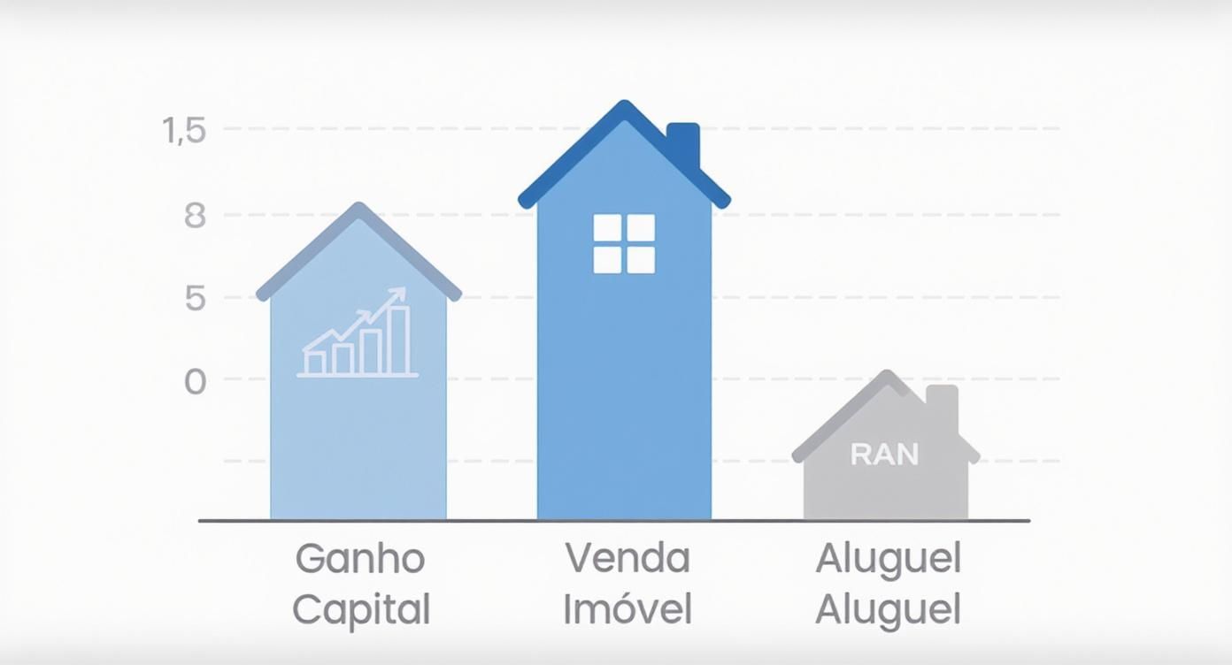 Gráfico de barras ilustrando o desempenho de ganho de capital, venda e aluguel de imóveis em comparação.