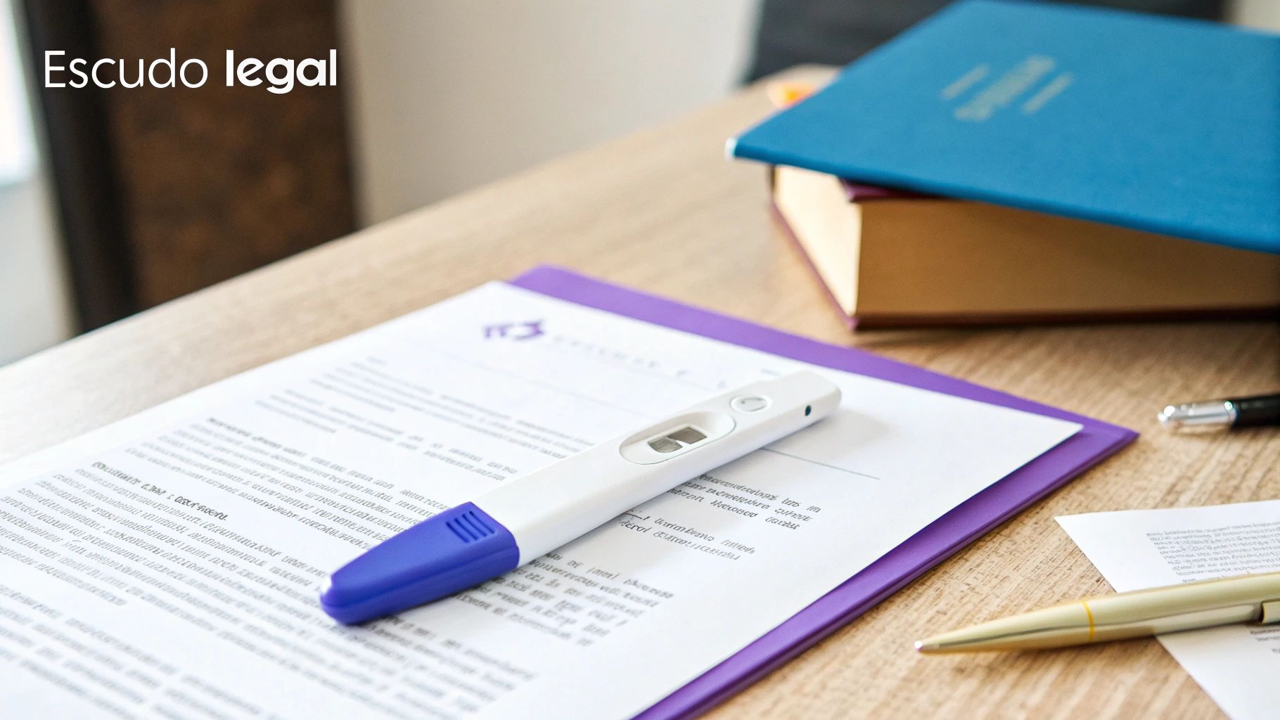 Uma profissional grávida olhando com segurança pela janela de um escritório moderno, simbolizando a proteção no trabalho.
