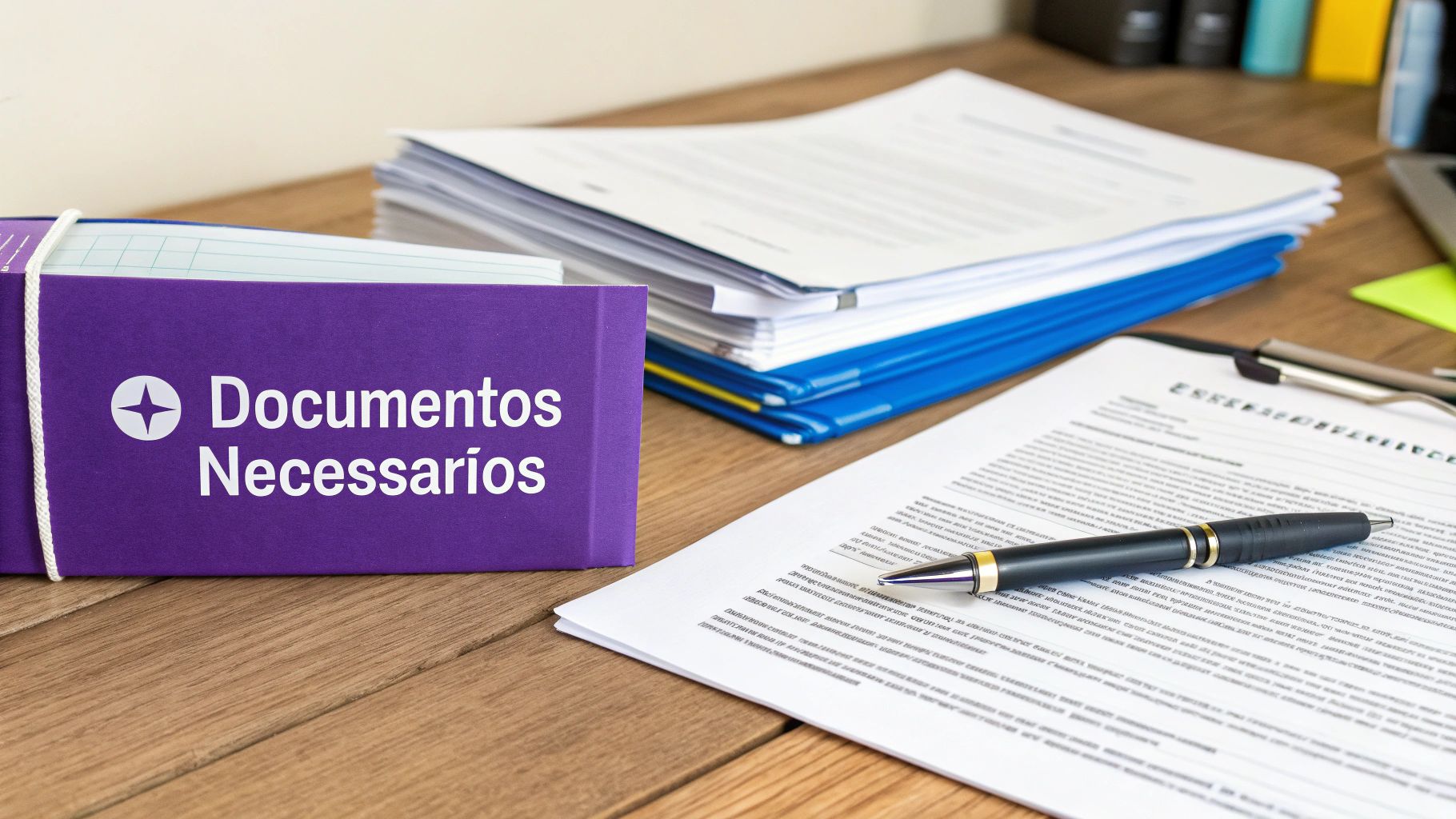 Uma advogada revisando documentos de rescisão contratual em uma mesa de escritório