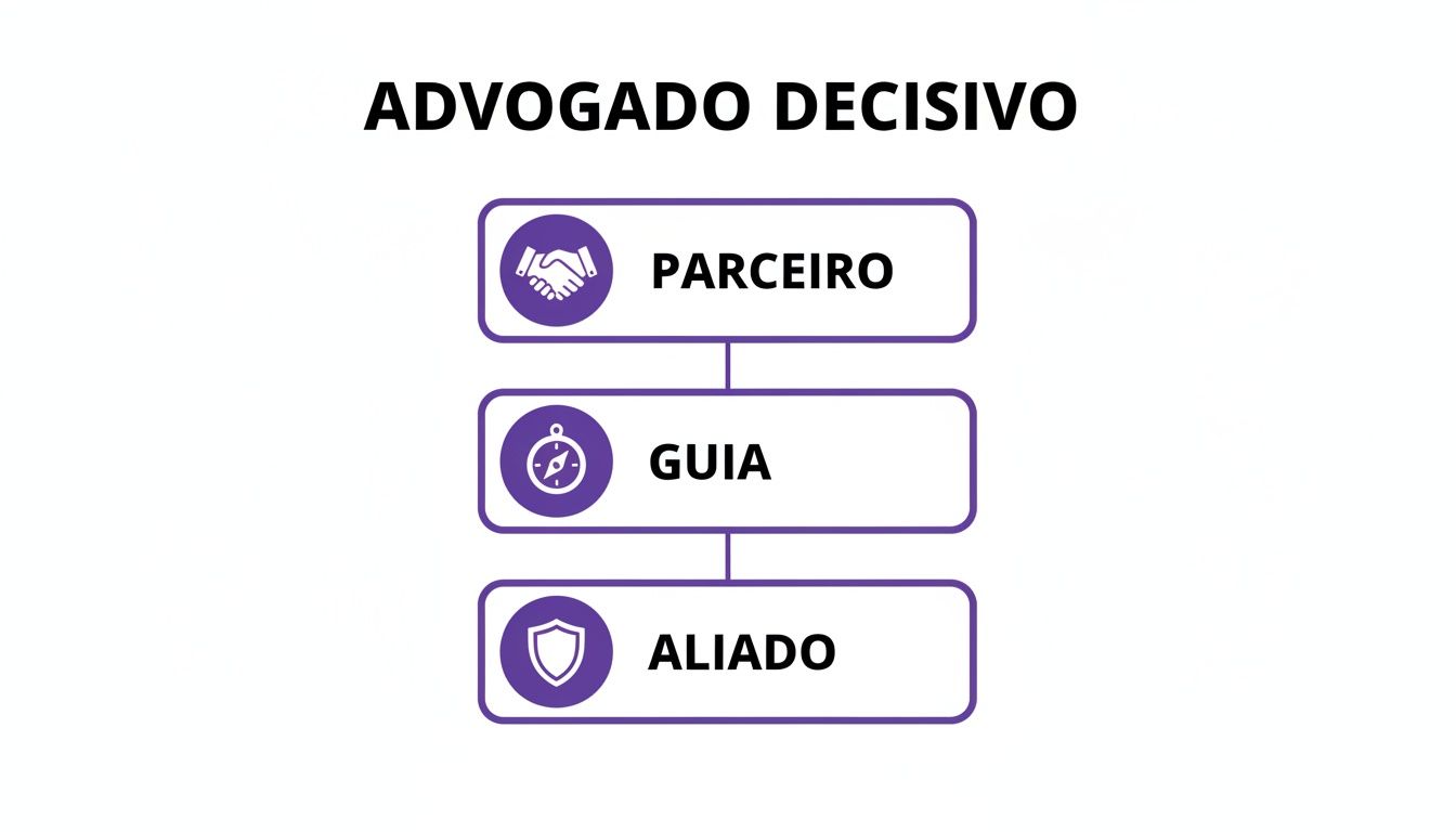 Infográfico mostrando que um advogado decisivo é parceiro, guia e aliado, com ícones.