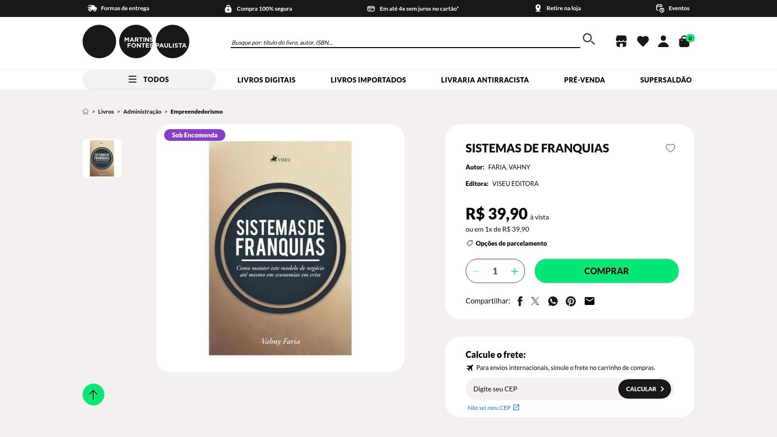 Página de detalhes de um livro sobre sistemas de franquia no site da Livraria Martins Fontes Paulista.
