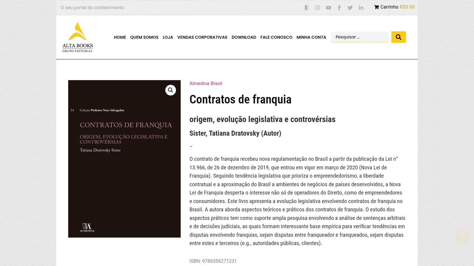 Página do produto do livro 'Contratos de franquia' no site da Alta Books, mostrando a capa e detalhes da compra.