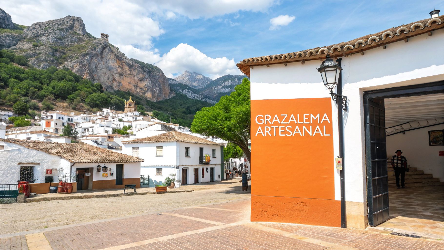 Entrada de Grazalema Artesanal en pueblo blanco andaluz con montañas y casas tradicionales al fondo