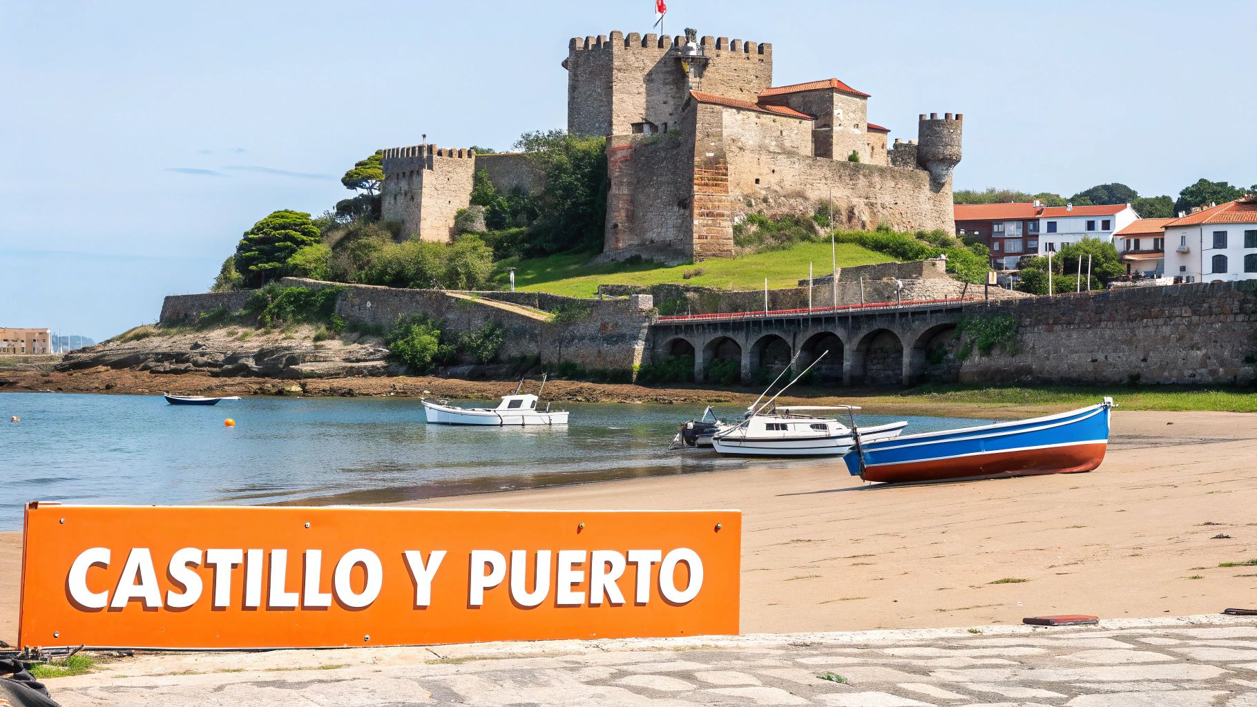 Castillo medieval sobre una colina junto a un puerto con barcos, en un encantador pueblo costero.