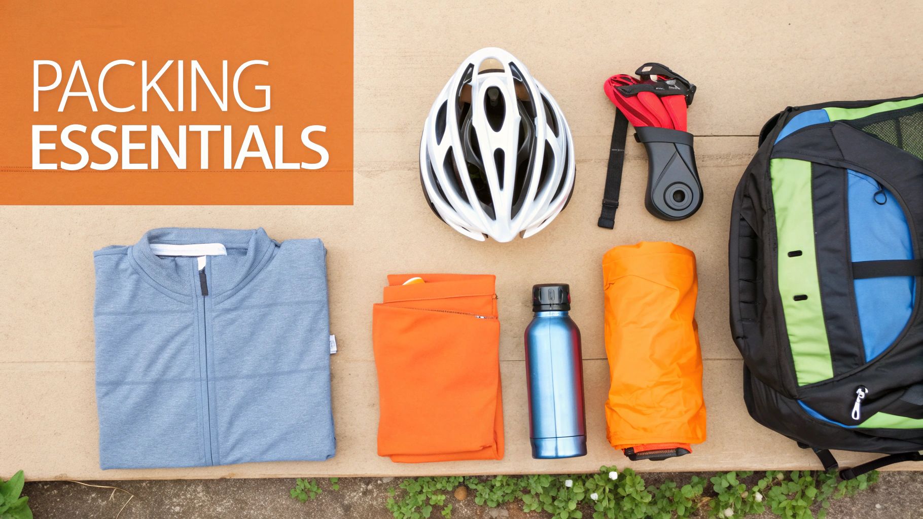 Flat lay of bike touring packing essentials: helmet, clothing, water bottle, gloves, and backpack.