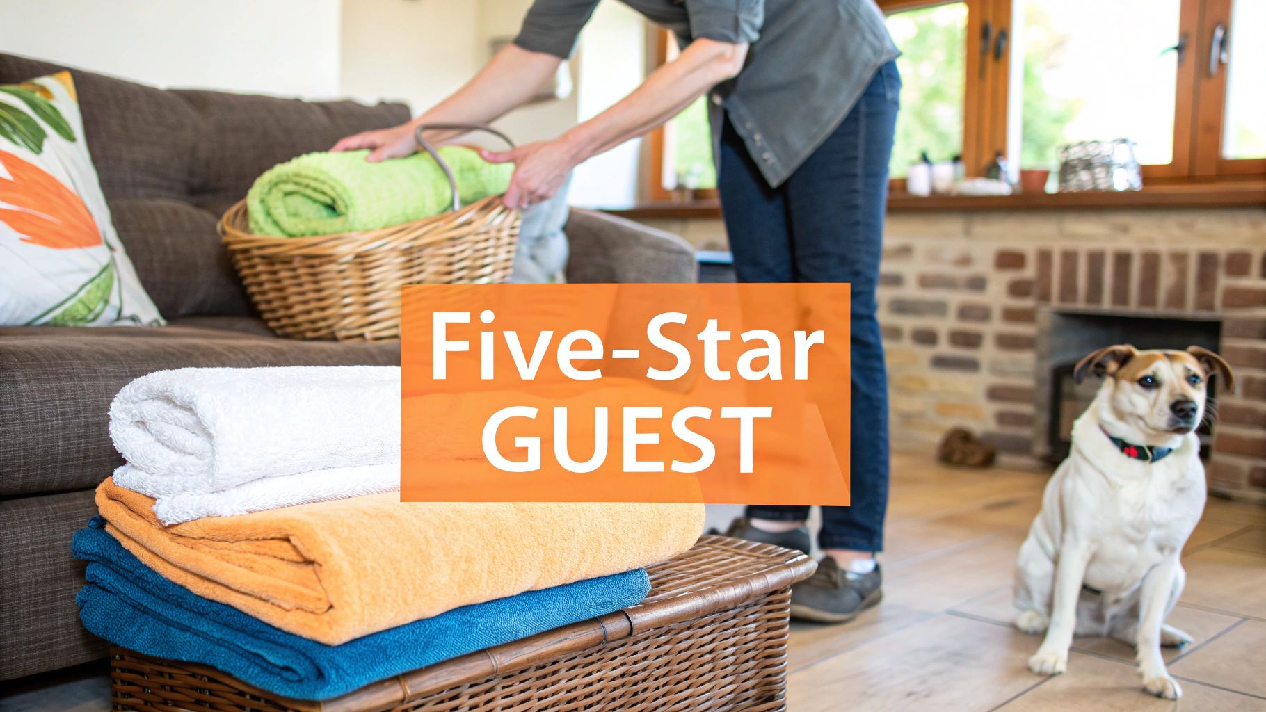 A person places fresh green towels into a basket, with a dog and stacked towels nearby in a cozy rural home.