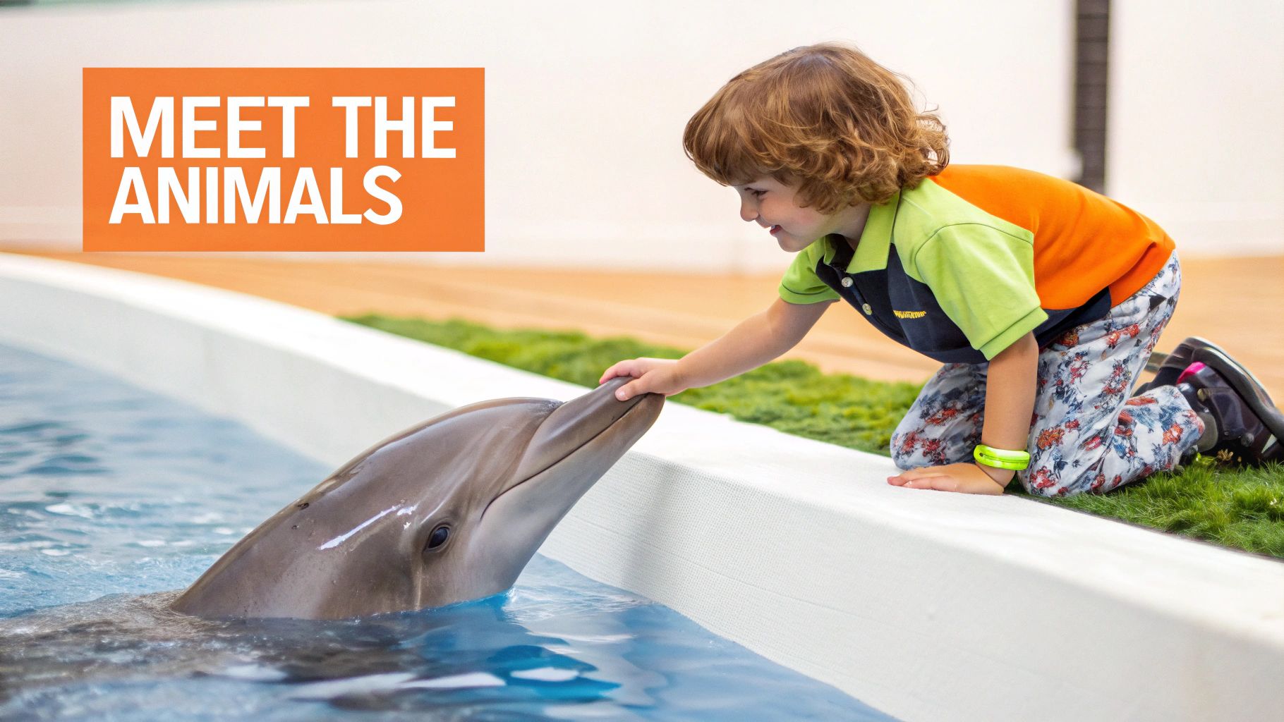 A happy boy kneels, gently touching a dolphin's snout in a pool with 'MEET THE ANIMALS' text.