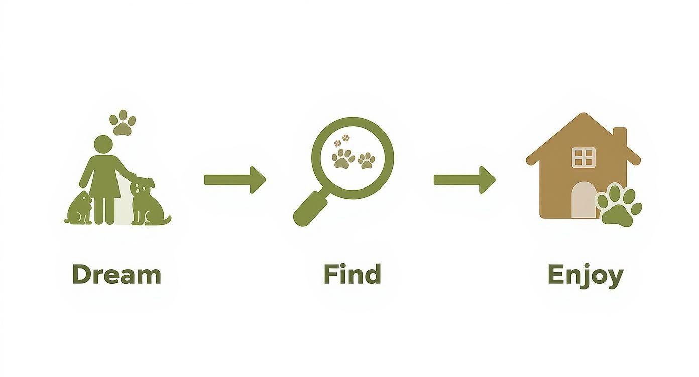 Infographic illustrating the three-step process of dreaming, finding, and enjoying a home with pets.