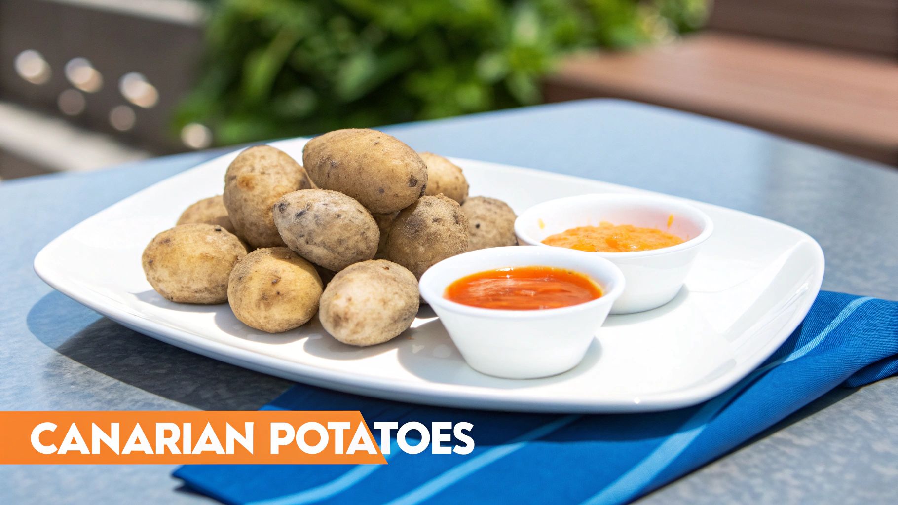 A white plate filled with Canarian potatoes (papas arrugadas) and two dipping sauces, one red and one orange.