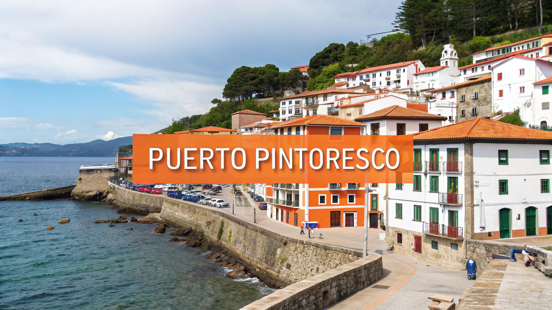 Vista aérea de un pintoresco pueblo costero español con casas coloridas y tejados naranjas, junto al mar.