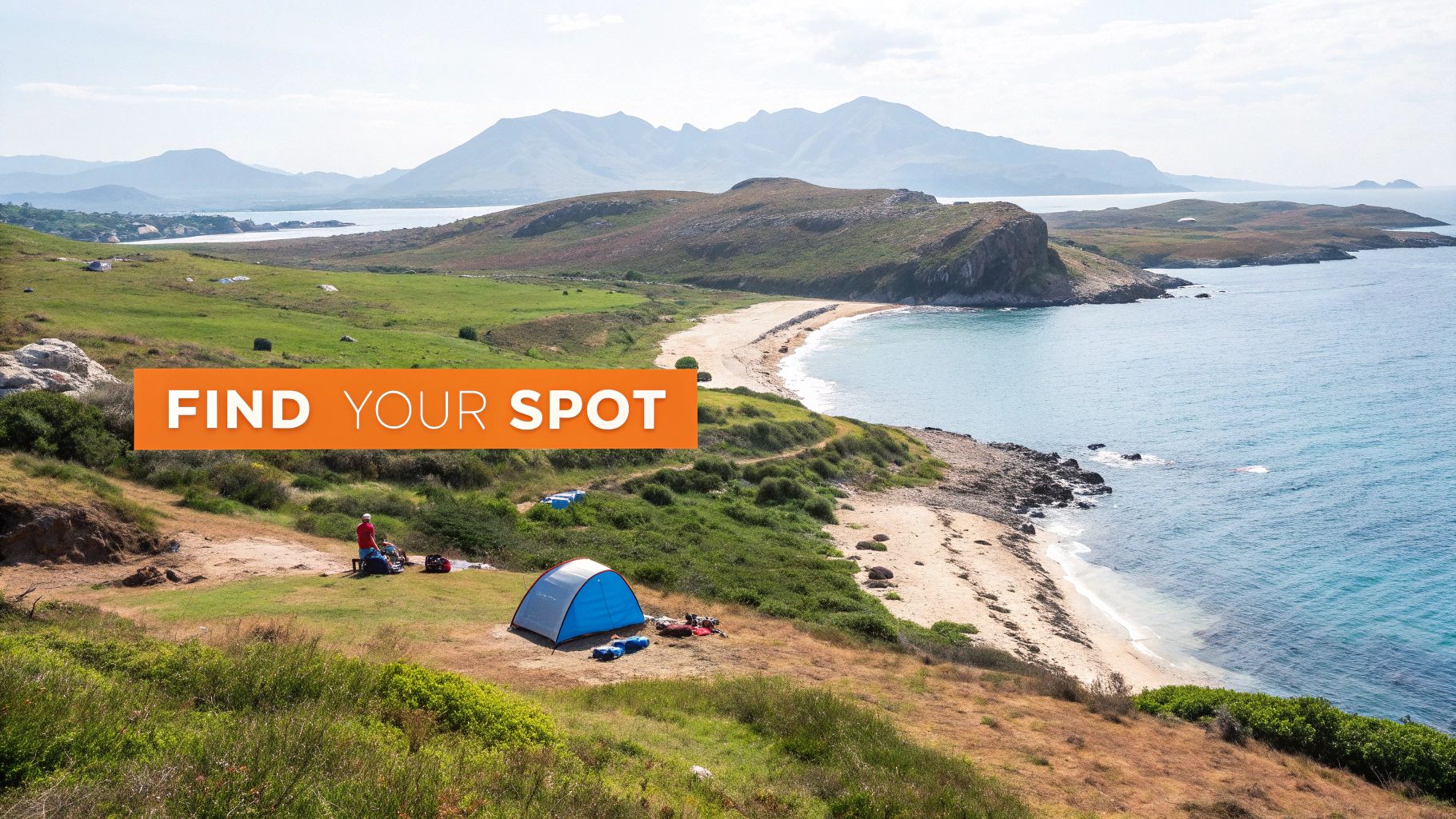 A scenic view of a coastal campsite with a blue tent, a person, beach, and mountains.