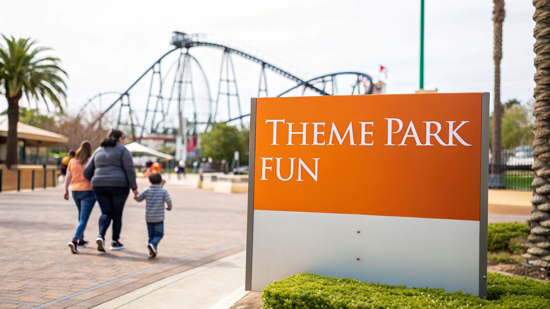 A 'THEME PARK FUN' sign with people walking towards a roller coaster in the background.