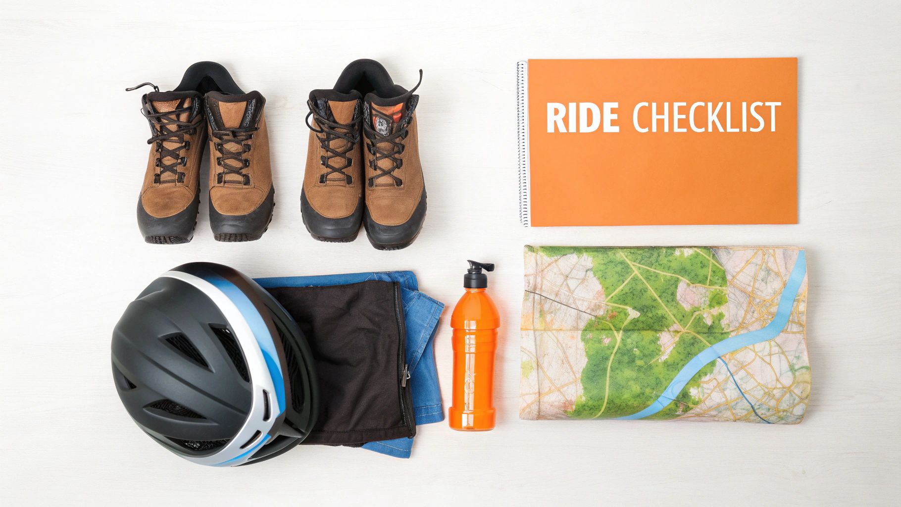 Flat lay of essential gear for an outdoor ride, including boots, helmet, map, and checklist.