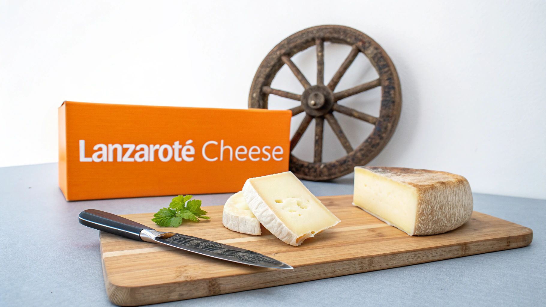 An orange box of Lanzarote Cheese, a knife, and various local cheeses on a wooden board.