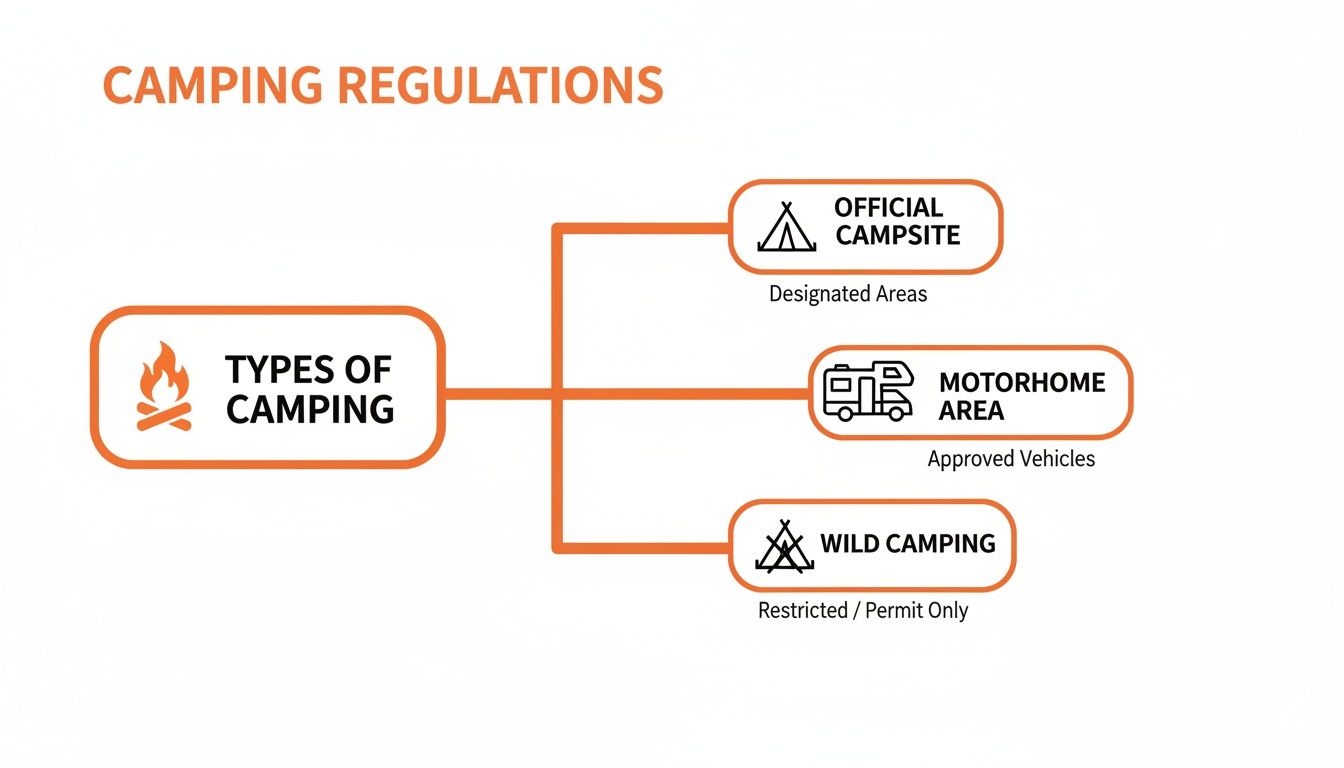 Diagram illustrating camping regulations and types: official campsites, motorhome areas, and wild camping rules.