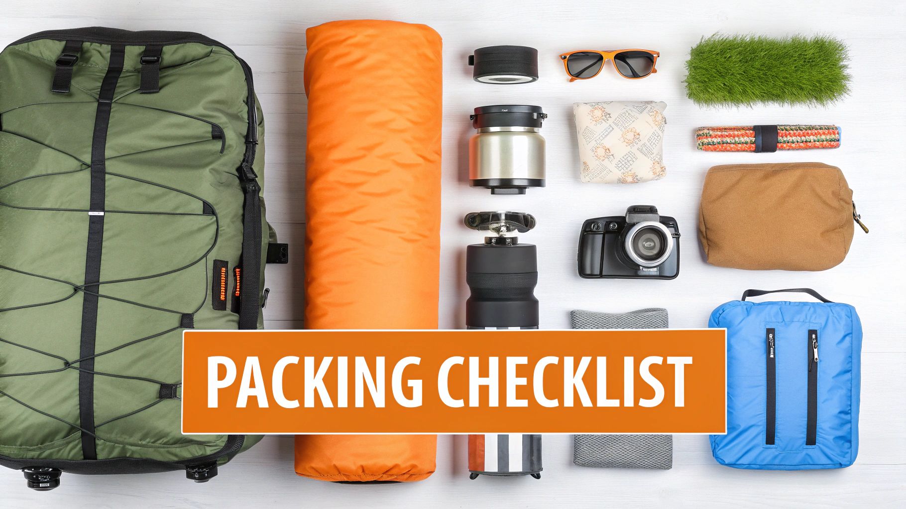 Flat lay of essential camping and travel gear arranged on a white wooden background with a 'Packing Checklist' banner.