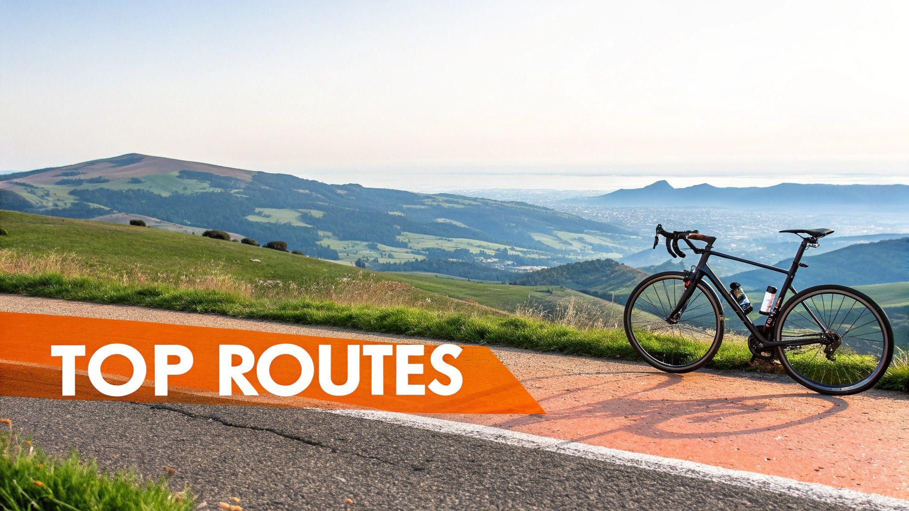 A black road bike is parked on a scenic mountain road, overlooking green hills and a distant town, with 'TOP ROUTES' text.