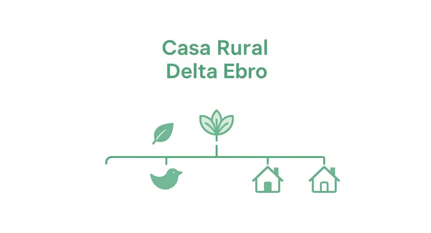 Logo de Casa Rural Delta Ebro con ilustraciones de hojas, planta, ave y casas rurales en color verde