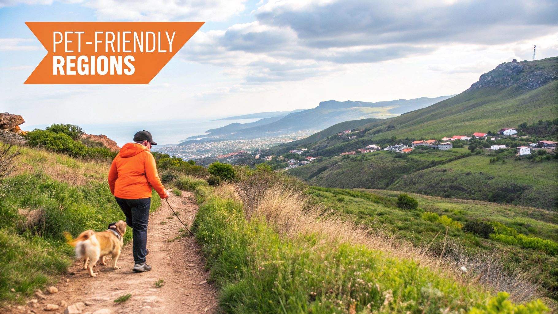 A person and their dog walk on a scenic mountain trail overlooking a coastal city, promoting pet-friendly regions.