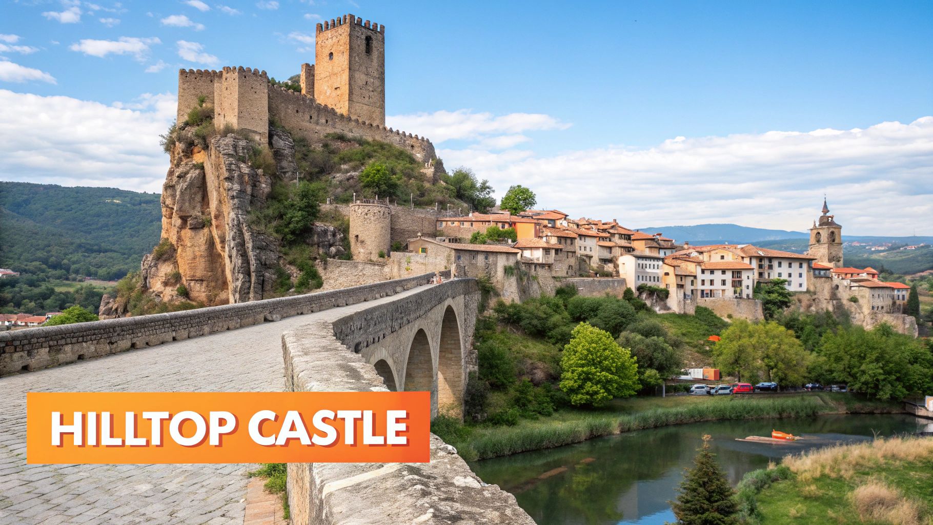 A majestic medieval castle on a rocky hilltop overlooking a historic village and an arched stone bridge over a river.