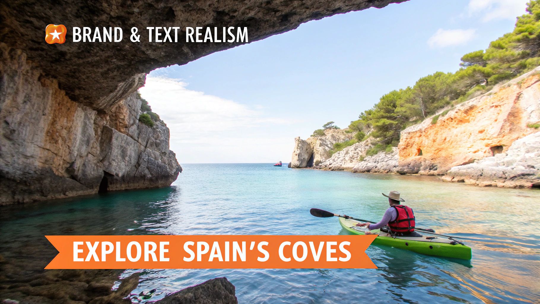 A person kayaking in a beautiful Spanish cove with clear turquoise water and rocky cliffs.