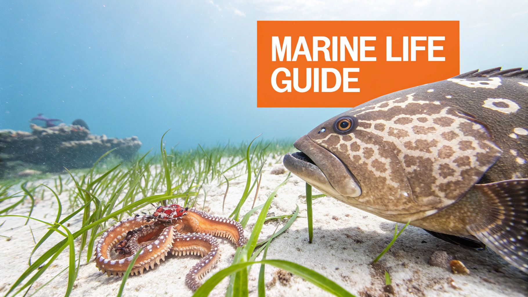 An underwater marine life guide showing an octopus and a large patterned fish among seagrass on the seabed.