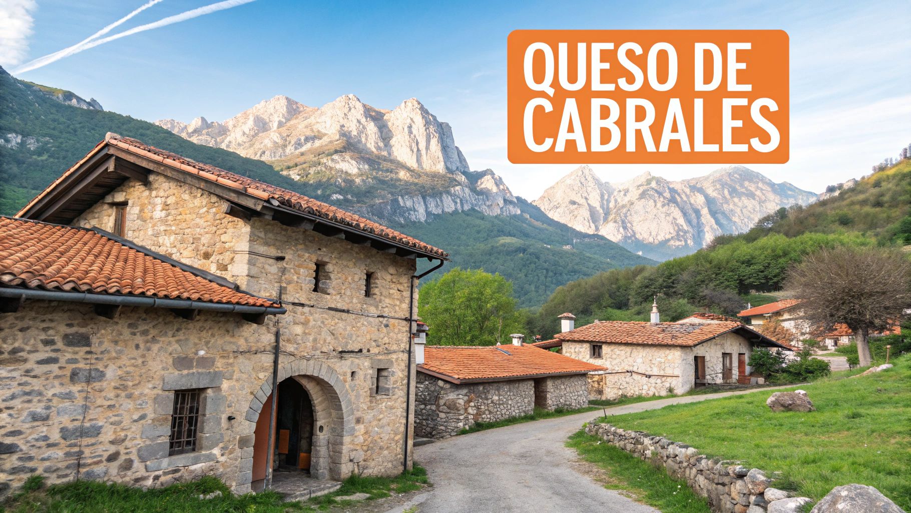 Casas de piedra tradicionales con techos de teja en un pueblo asturiano montañoso, bajo un cielo azul con una señal de "Queso de Cabrales".