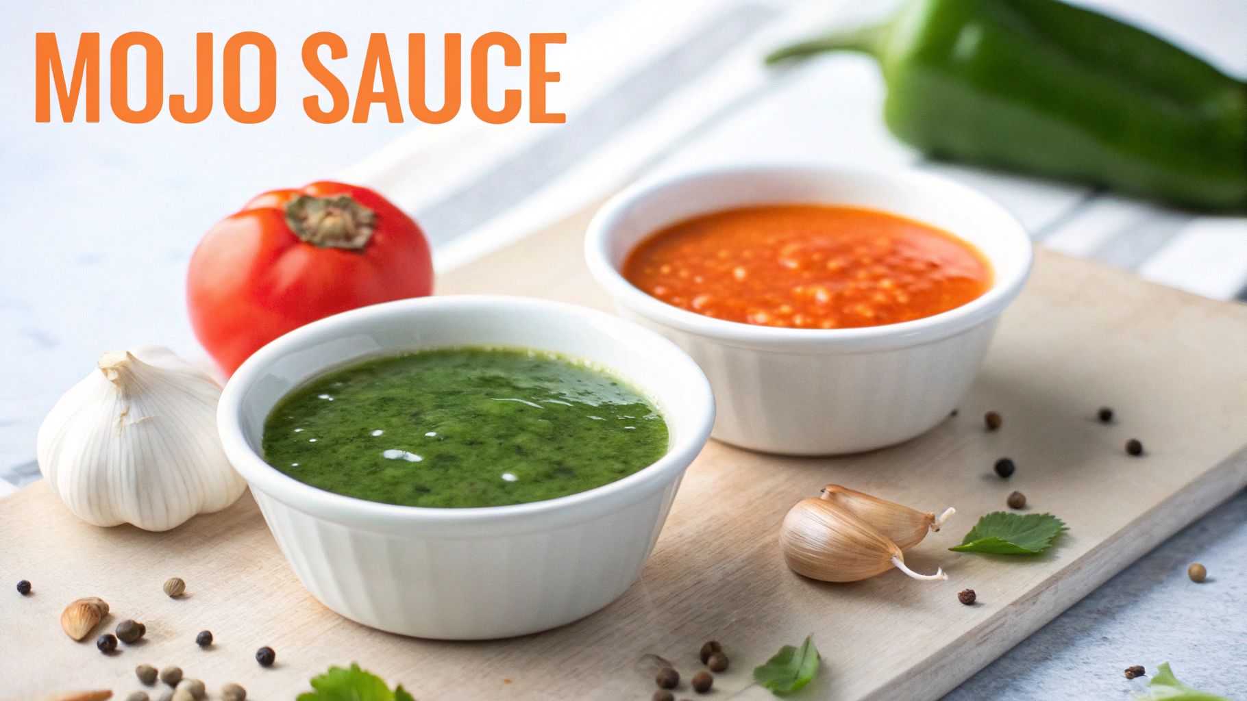 Two vibrant bowls of mojo sauce, green and red, with fresh garlic, tomato, and pepper.