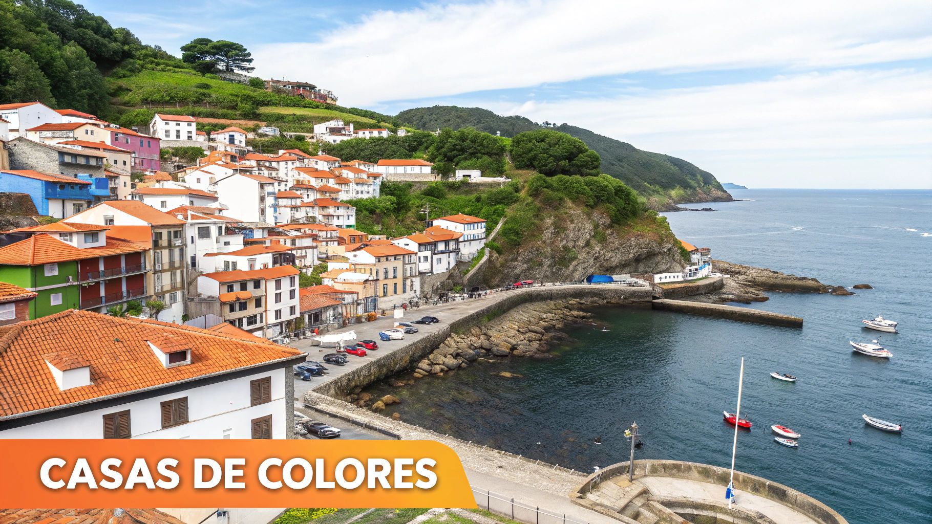Vista aérea de un pintoresco pueblo costero con casas de colores y un puerto, en Asturias.
