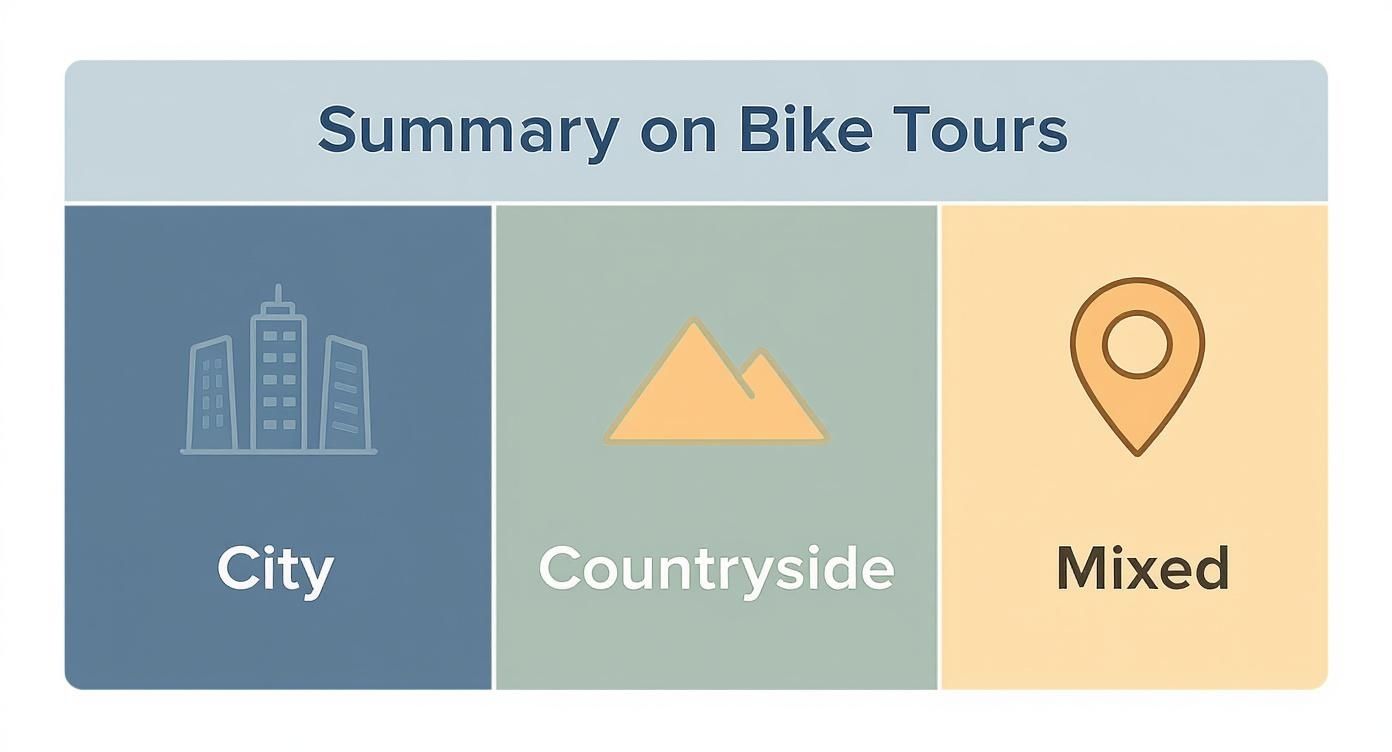 A graphic illustrating a summary of different bike tour types: City, Countryside, and Mixed.