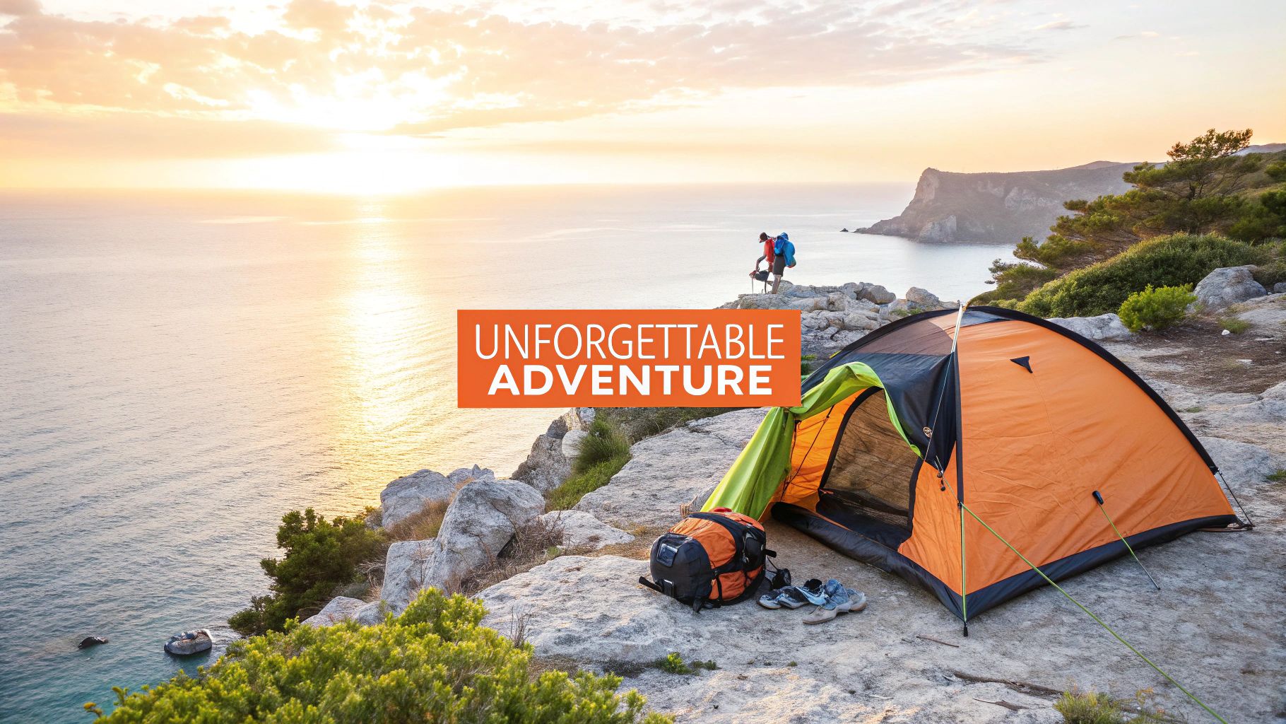 A vibrant orange tent pitched on a cliff overlooking the ocean at sunset, with a person nearby, enjoying an unforgettable adventure.