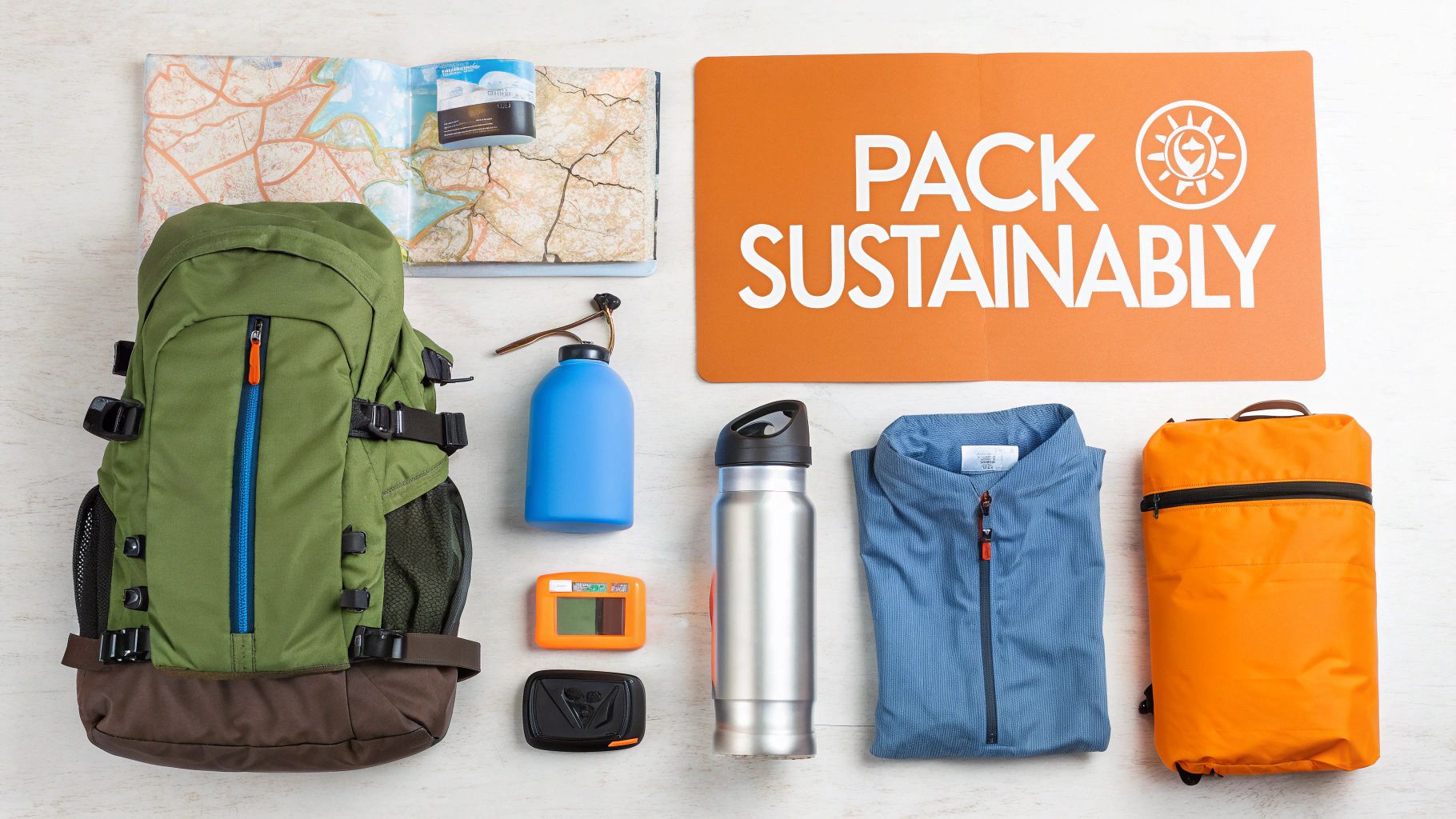 Overhead shot of essential camping gear including a green backpack, map, water bottles, and a sustainability sign.